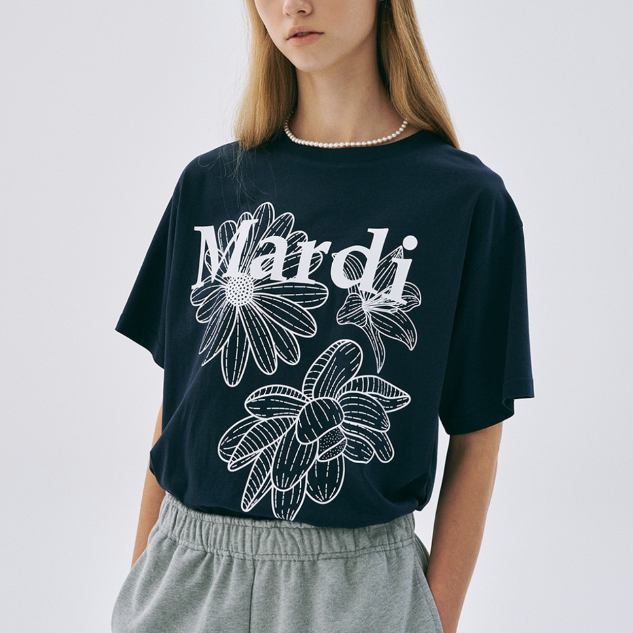 ｜MARDI MERCREDI｜ TSHIRT TRIPLE FLOWER NAVY WHITE