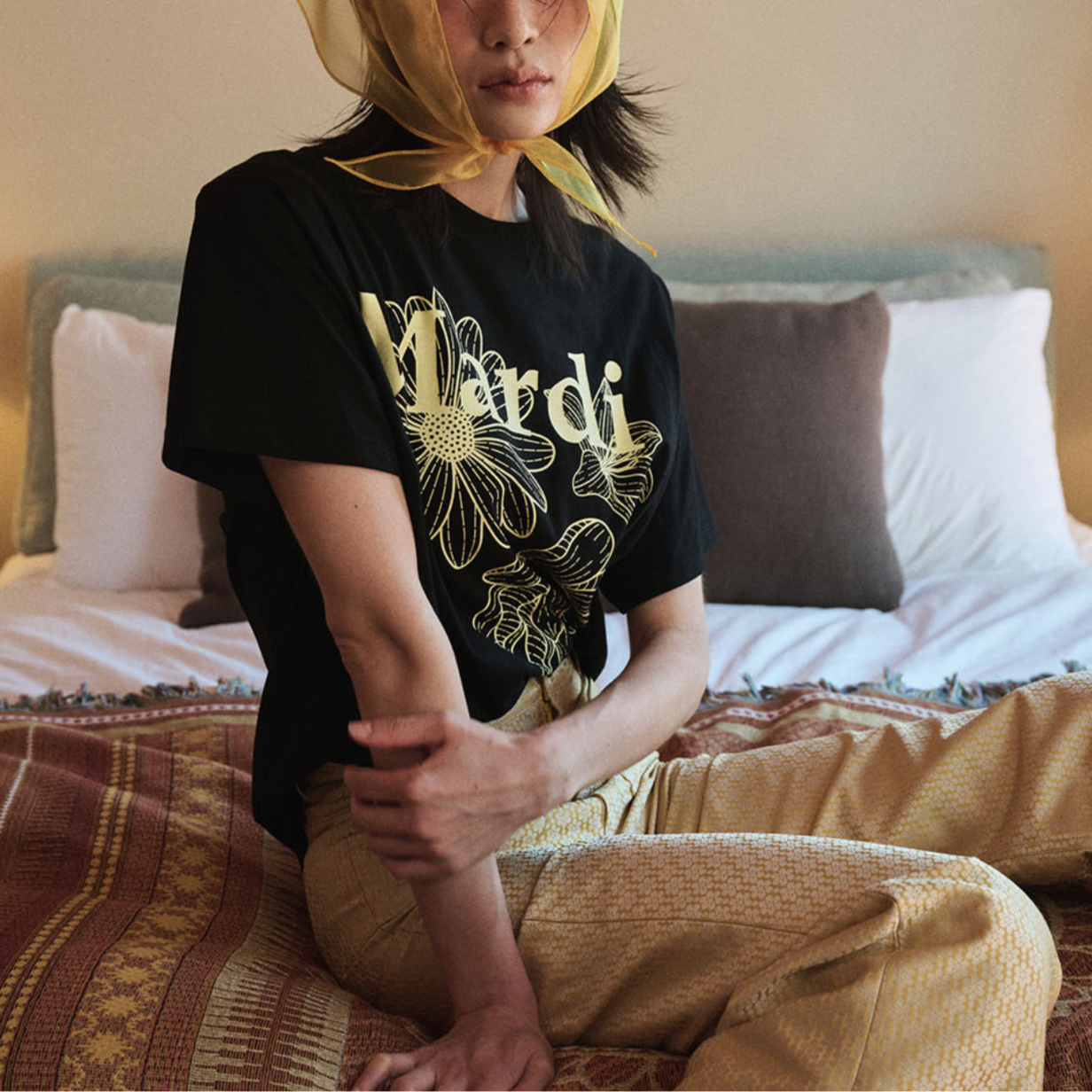 ｜MARDI MERCREDI｜ TSHIRT TRIPLE FLOWER BLACK LEMON