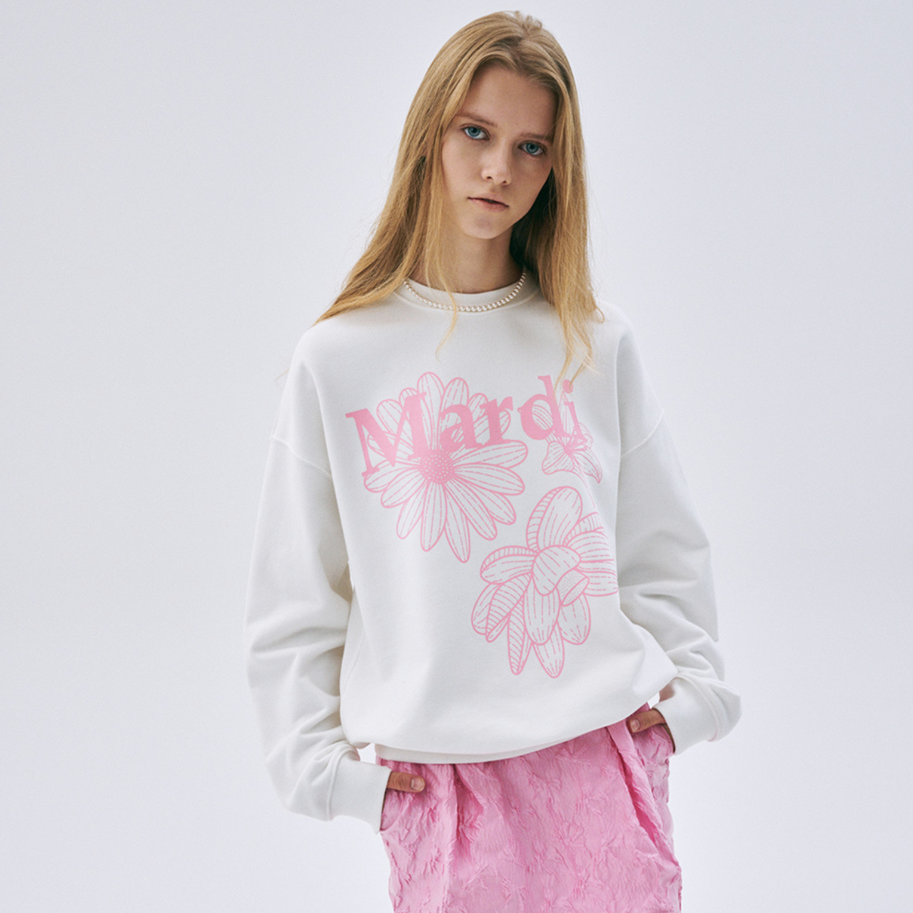｜MARDI MERCREDI｜ SWEATSHIRT TRIPLE FLOWER WHITE PINK