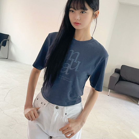 ｜muahmuah｜ Pigment Cropped Short-sleeved Shirt (Blue)