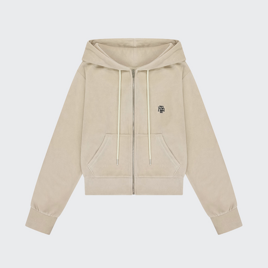 ｜muahmuah｜ Velour Training Hooded Zip-Up (Beige)