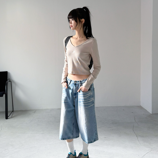 ｜muahmuah｜ Stitch V-neck Long-Sleeved T-shirt (Beige)