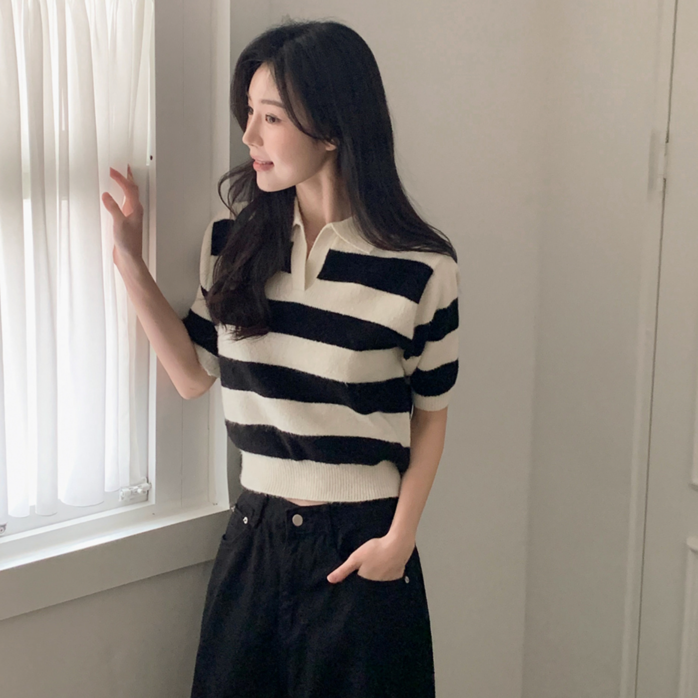 ｜SHOPPERLAND｜ Spring Stripe Fluffy Short-sleeved Collar Knitwear