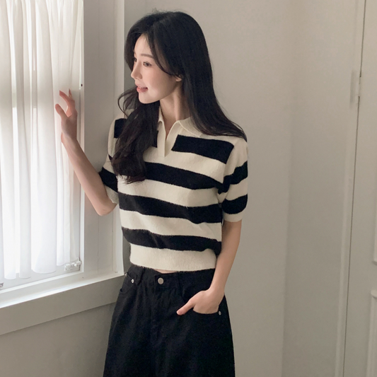｜SHOPPERLAND｜ Spring Stripe Fluffy Short-sleeved Collar Knitwear