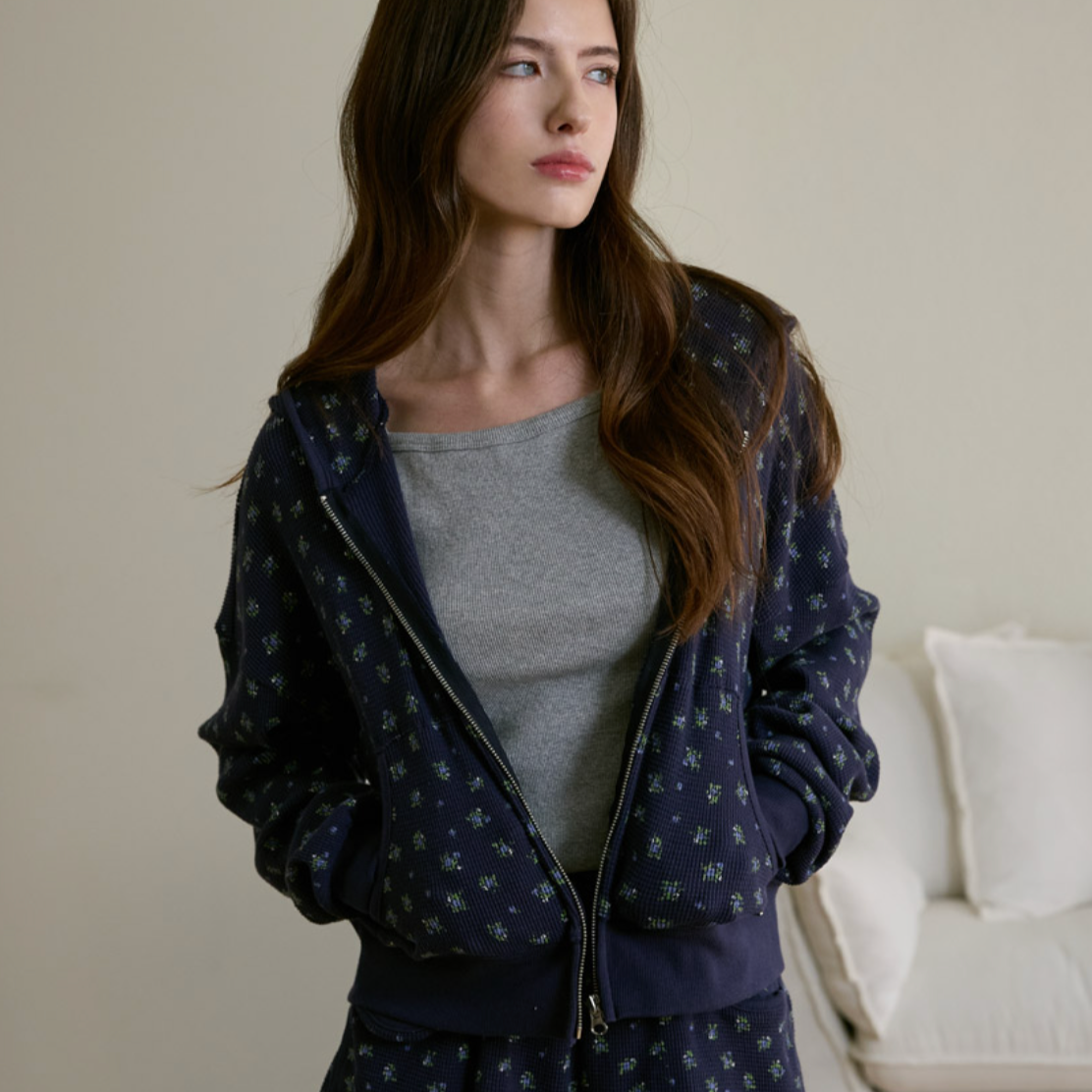 ｜Letter from Moon｜ Andy Flower Waffle Hood Zip-up (Navy)
