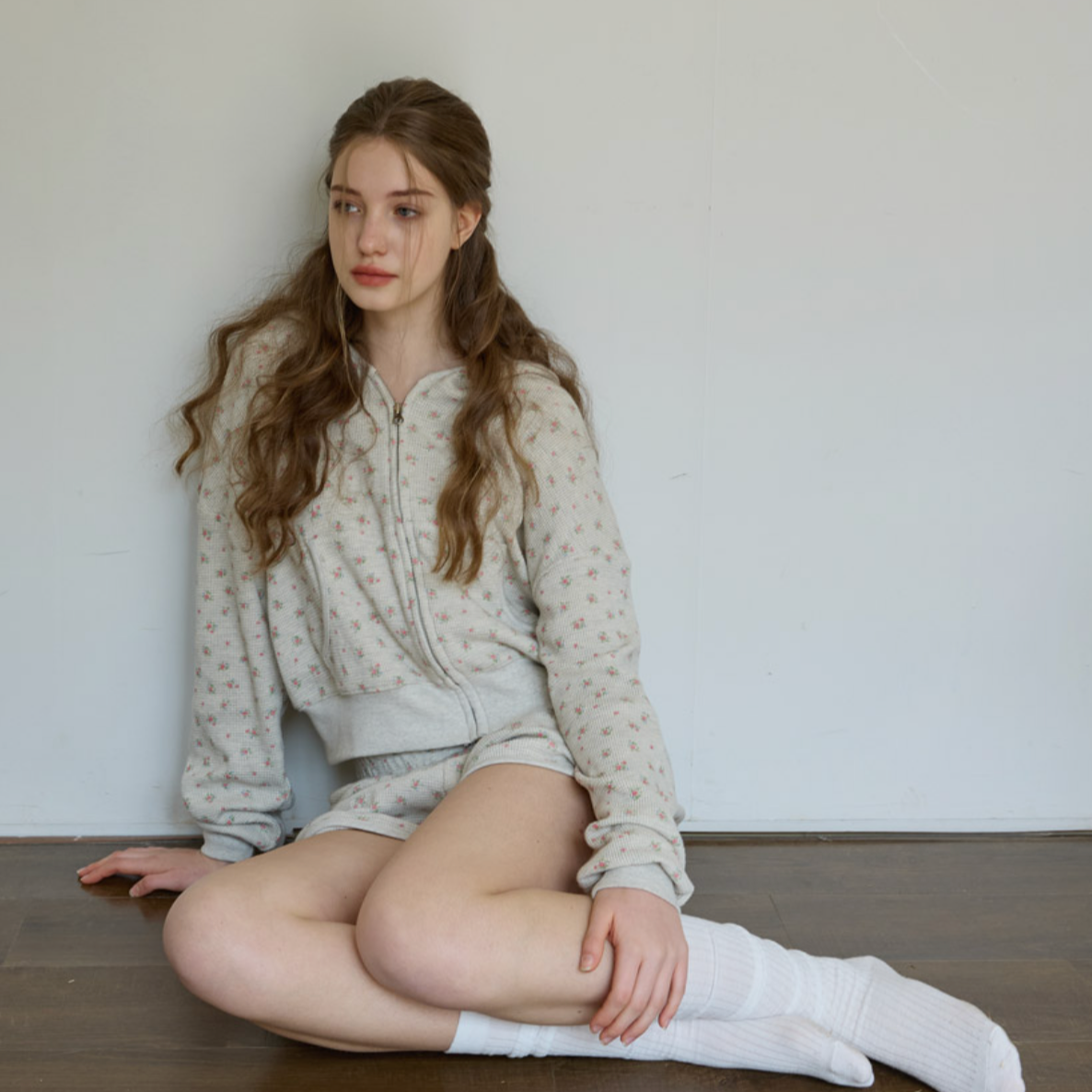 ｜Letter from Moon｜ Andy Flower Waffle Hood Zip-up (Oatmeal)