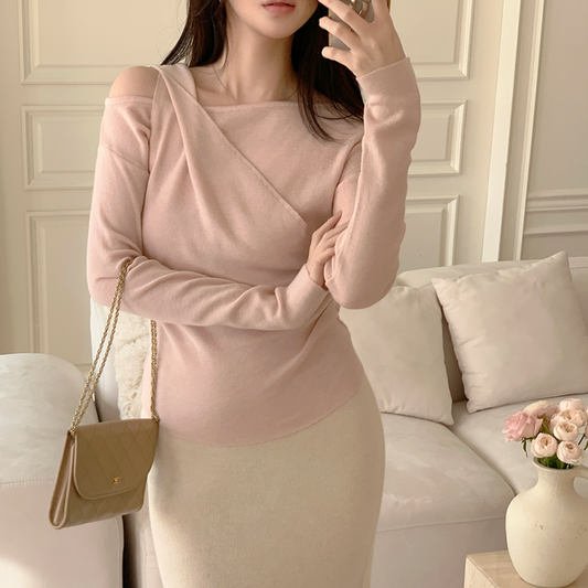 ｜perbit｜ Haze Unbalanced Slit Shirring Off Shoulder Knitwear Tee