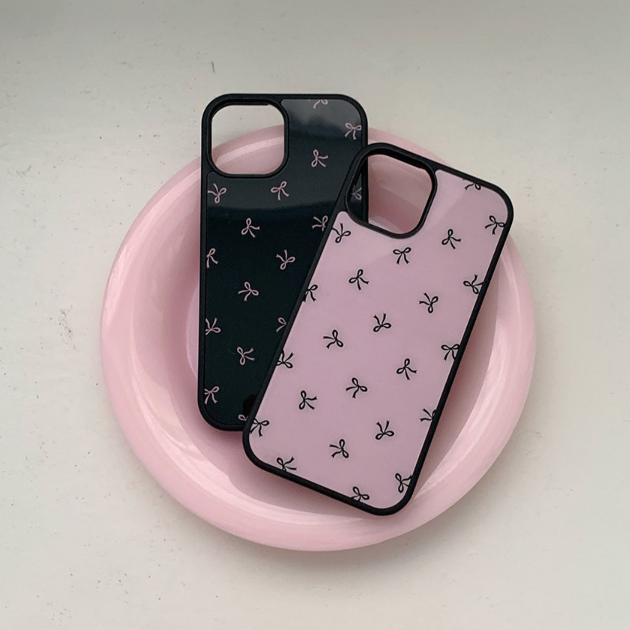 ｜Romantic Mood｜ Black Pink Ribbon Glass Bumper Phone Case