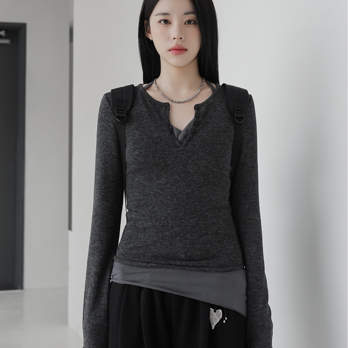 ｜BINARY01｜ Henry Neck Button T-Shirt