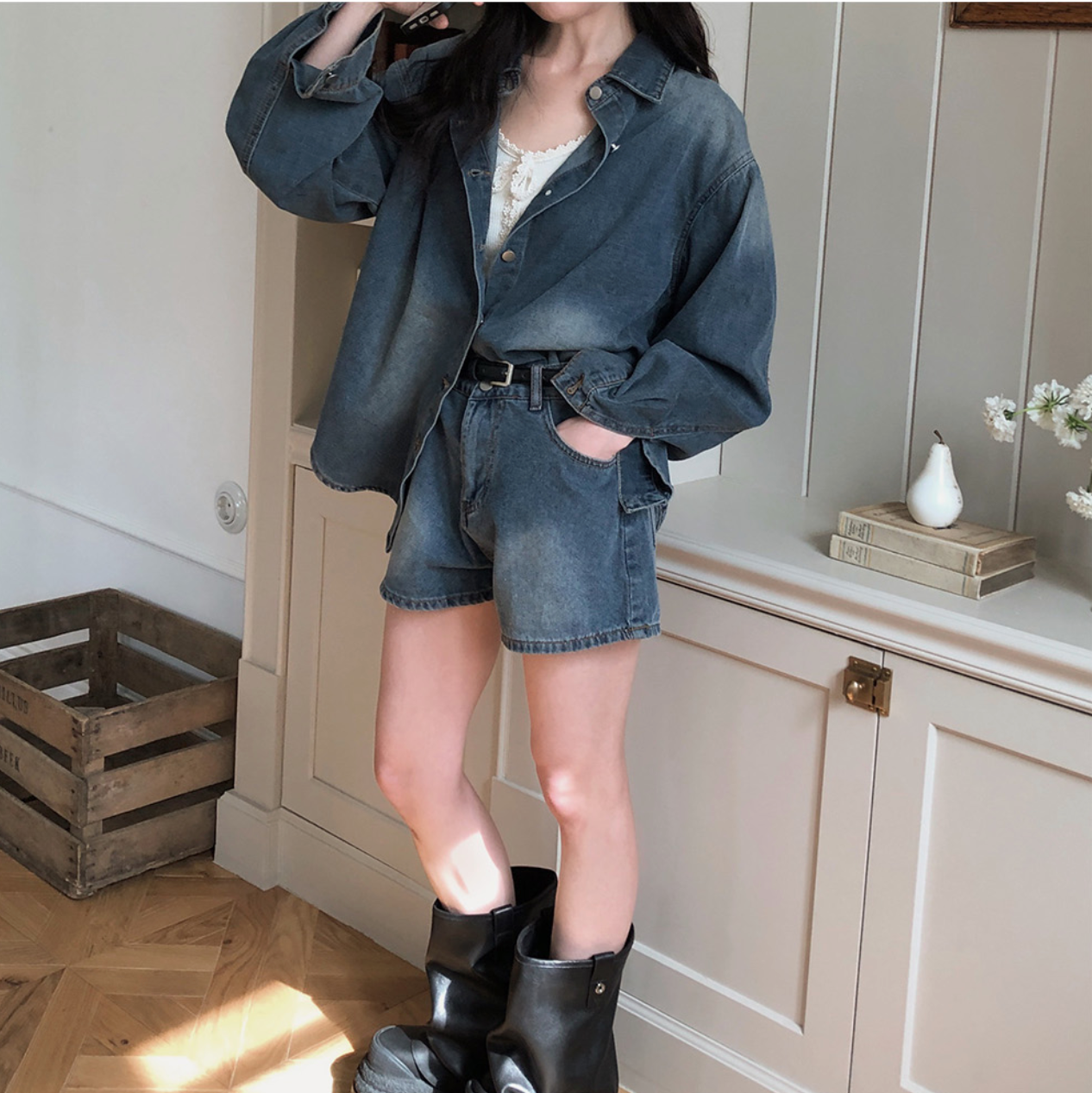 ｜VINVLE｜ Washing Denim Long-Sleeved Shirt + Shorts SET