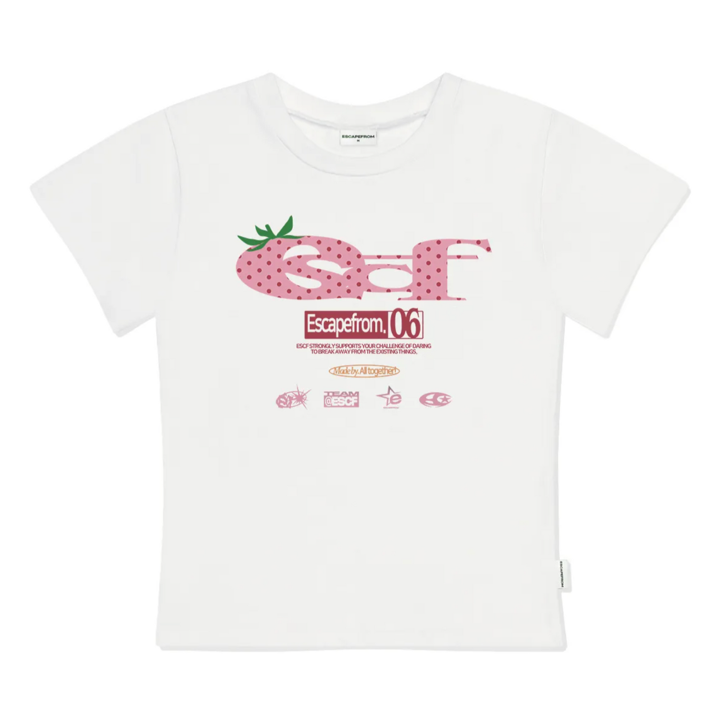｜ESCAPEFROM｜ Strawberry Dot ESCF Logo Collage Print Slim Fit Short Sleeve Tee Ivory
