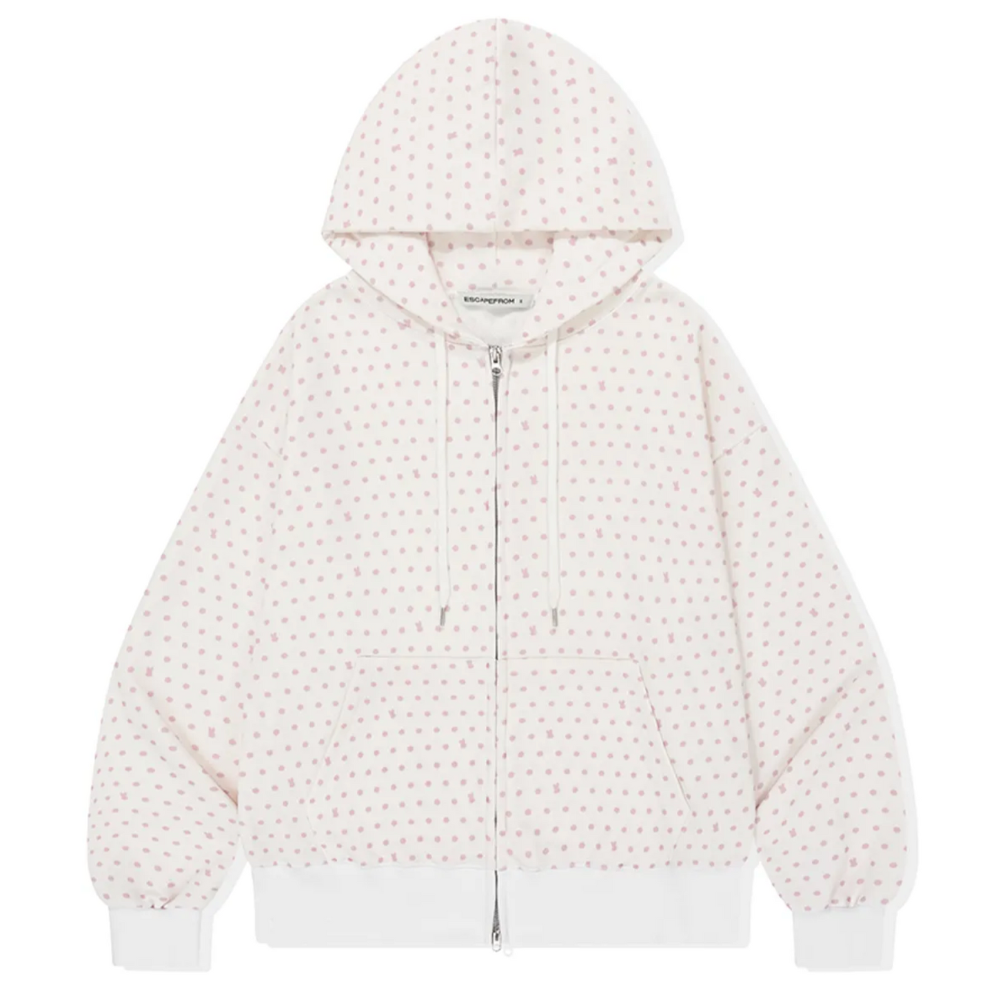 ｜ESCAPEFROM｜ Light Pink Rabbit Dot Full Print Two-way Hooded Zip-up Ivory
