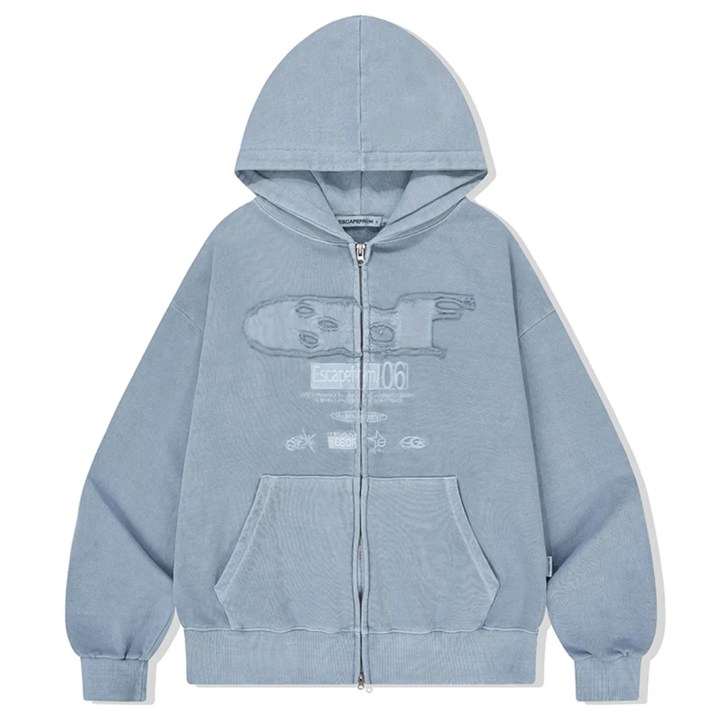 ｜ESCAPEFROM｜ ESCF Logo Collar Applique Two-Way Pigment Hooded Zip-Up Dusty Blue