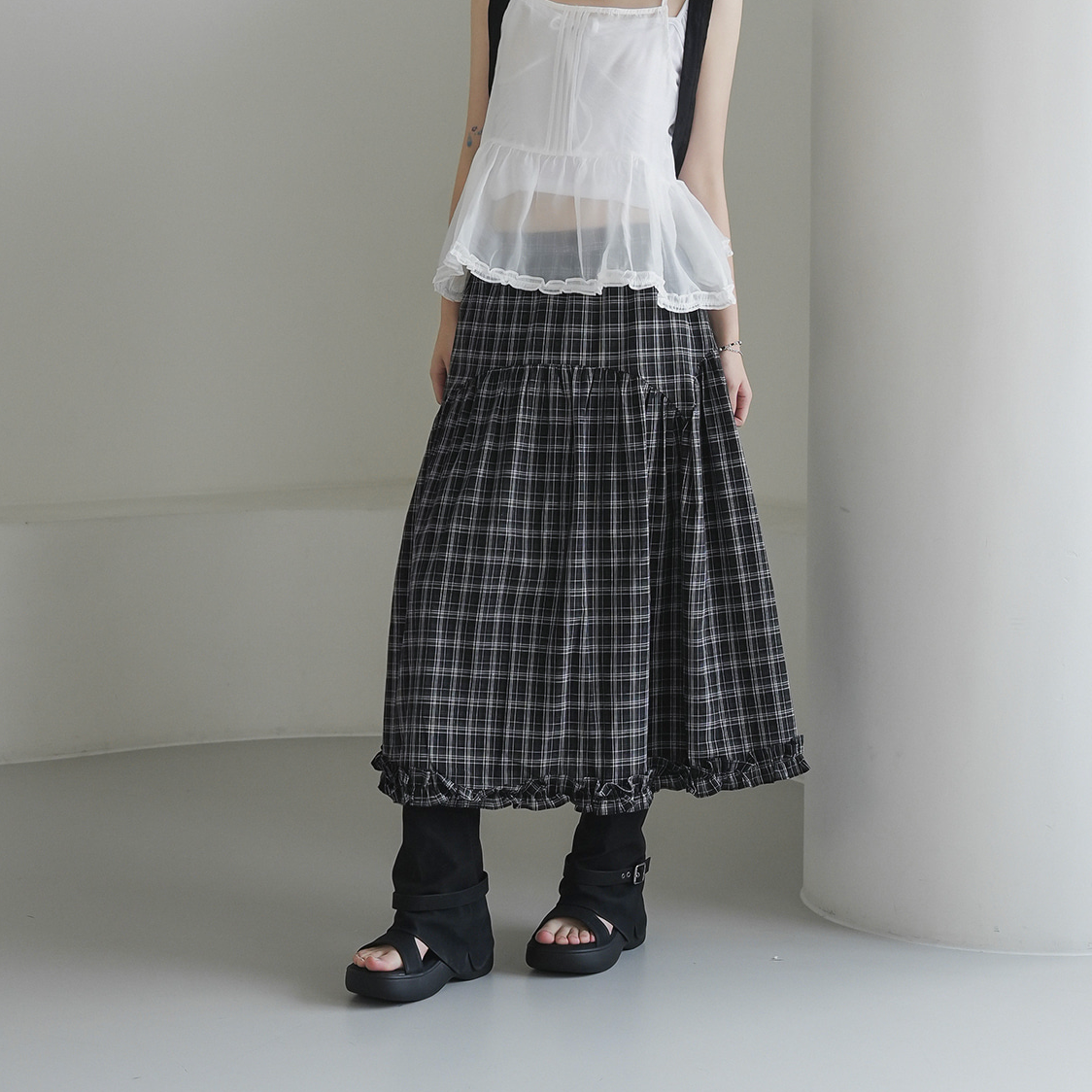 ｜BINARY01｜ Ramp Checkered Long Skirt