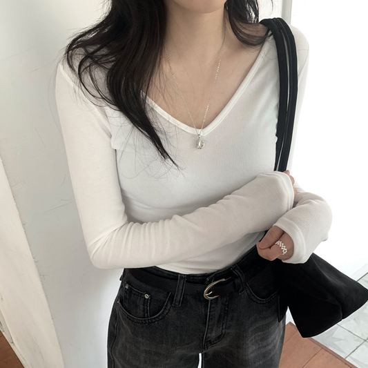 ｜SLOWAND｜ # SLOWMADE Deep Dique YV-Neck Slim Top (V-neck T-shirt)