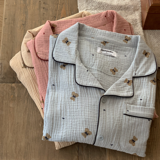 ｜Juuneedu｜ Mandy Bear Crinkle Cotton Short Sleeve Pyjamas