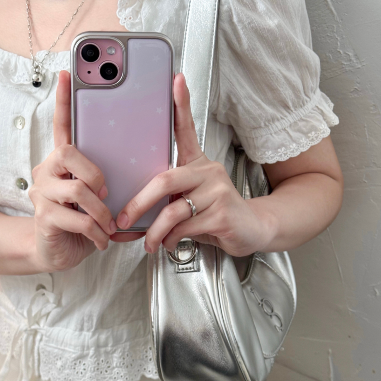 ｜ABOE｜ PINK AURORA STAR Silver Epoxy Phone Case