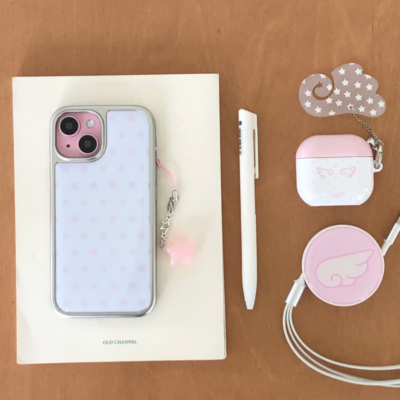 ｜ABOE｜ PINK DOT&STAR Silver Epoxy Phone Case