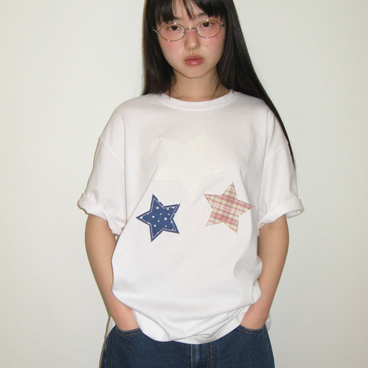 ｜RONRON｜ STAR PATCH MIXED APPLIQUE APPLIQUE T SHIRT WHITE