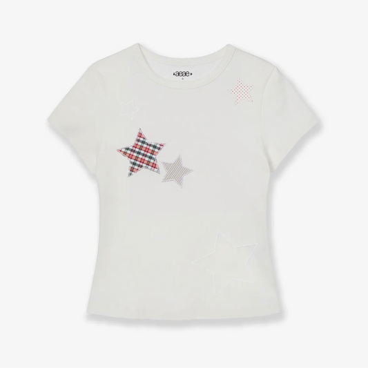 ｜aeae｜ CHECK STAR TEE ｜WHITE｜
