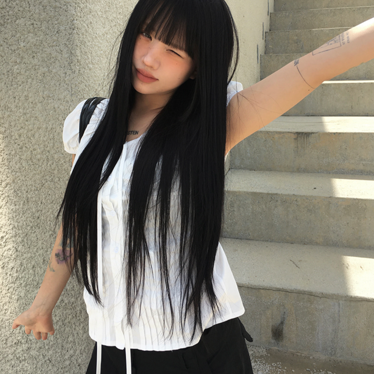 ｜anyonemore｜ Summer Ribbon Strap Pintuck Puff Short Sleeved Blouse