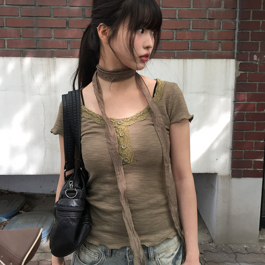 ｜anyonemore｜ Suki Lace Button Choker Short Sleeve T-Shirt Set