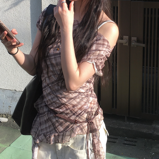 ｜anyonemore｜ Check Vintage Off Shirring Blouse