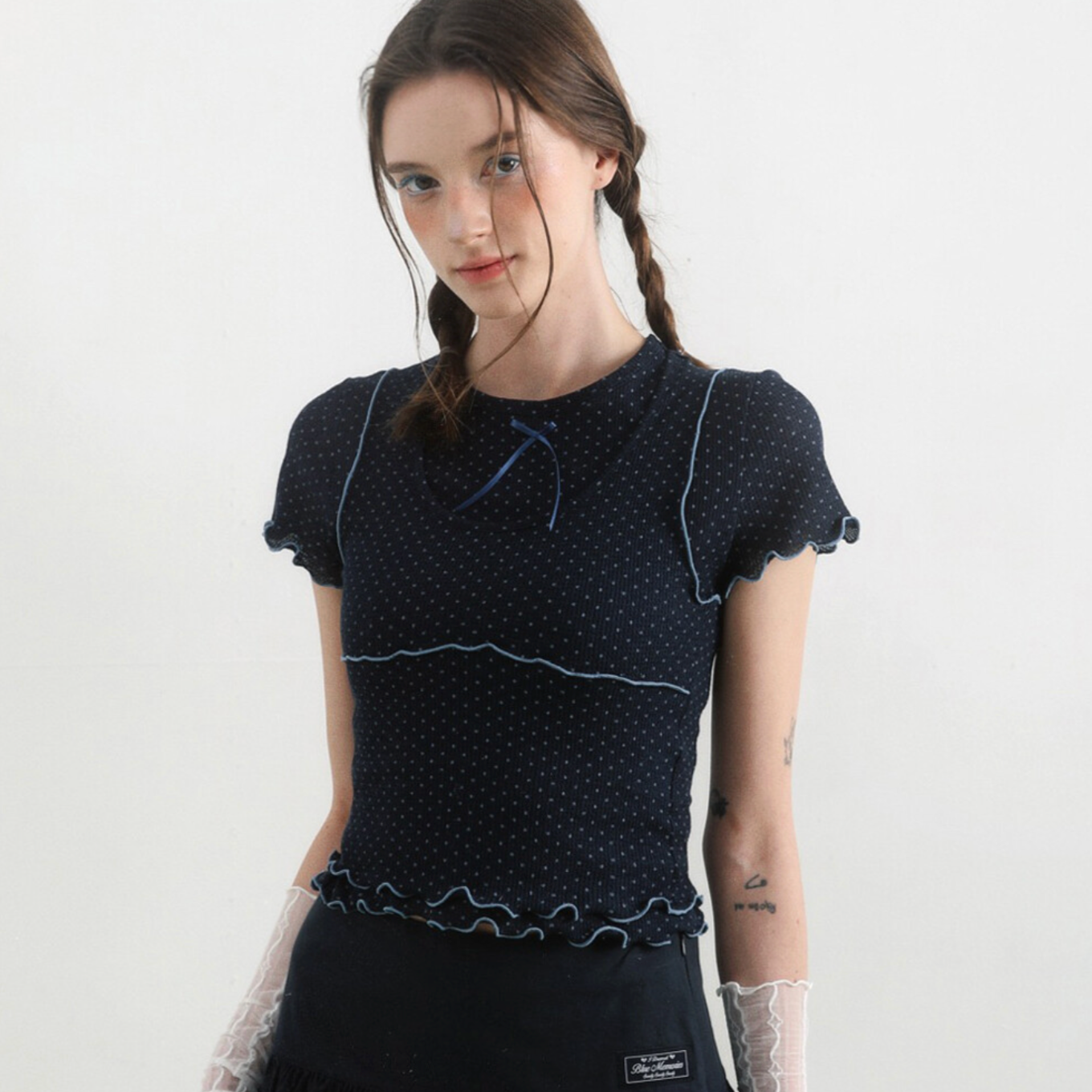｜BadBlue｜ ｜Setup｜ Sheer Dot Layerd Tee Navy