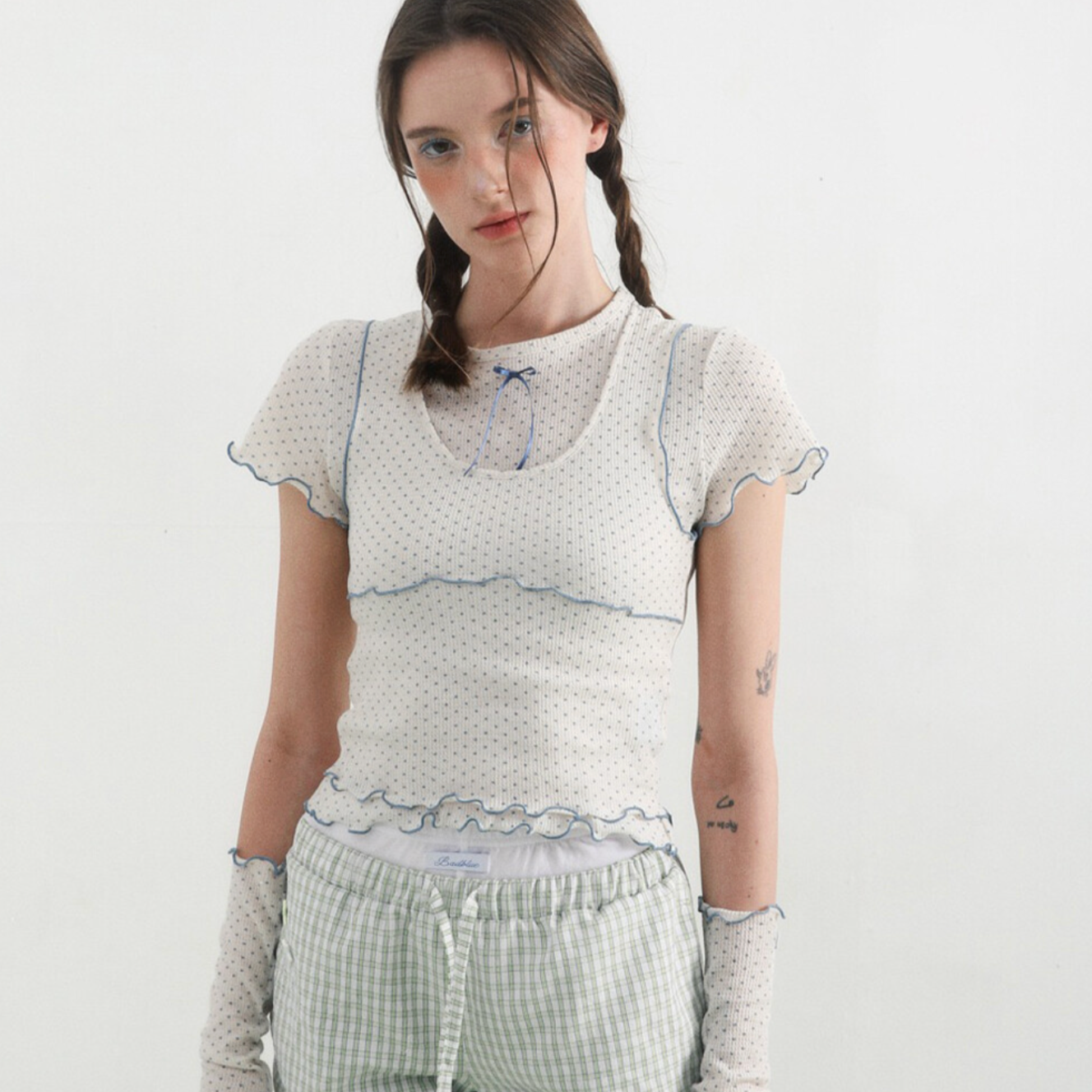 ｜BadBlue｜ ｜Setup｜ Sheer Dot Layerd Tee Beige