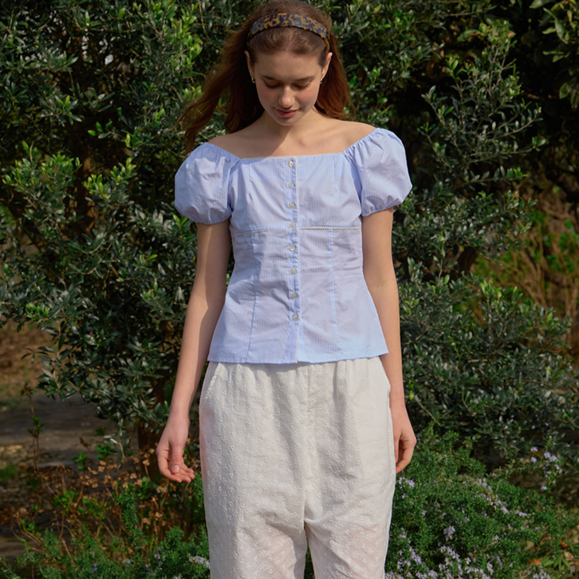 ｜Letter from Moon｜ Rosie Lace Puff Blouse (Stripe)