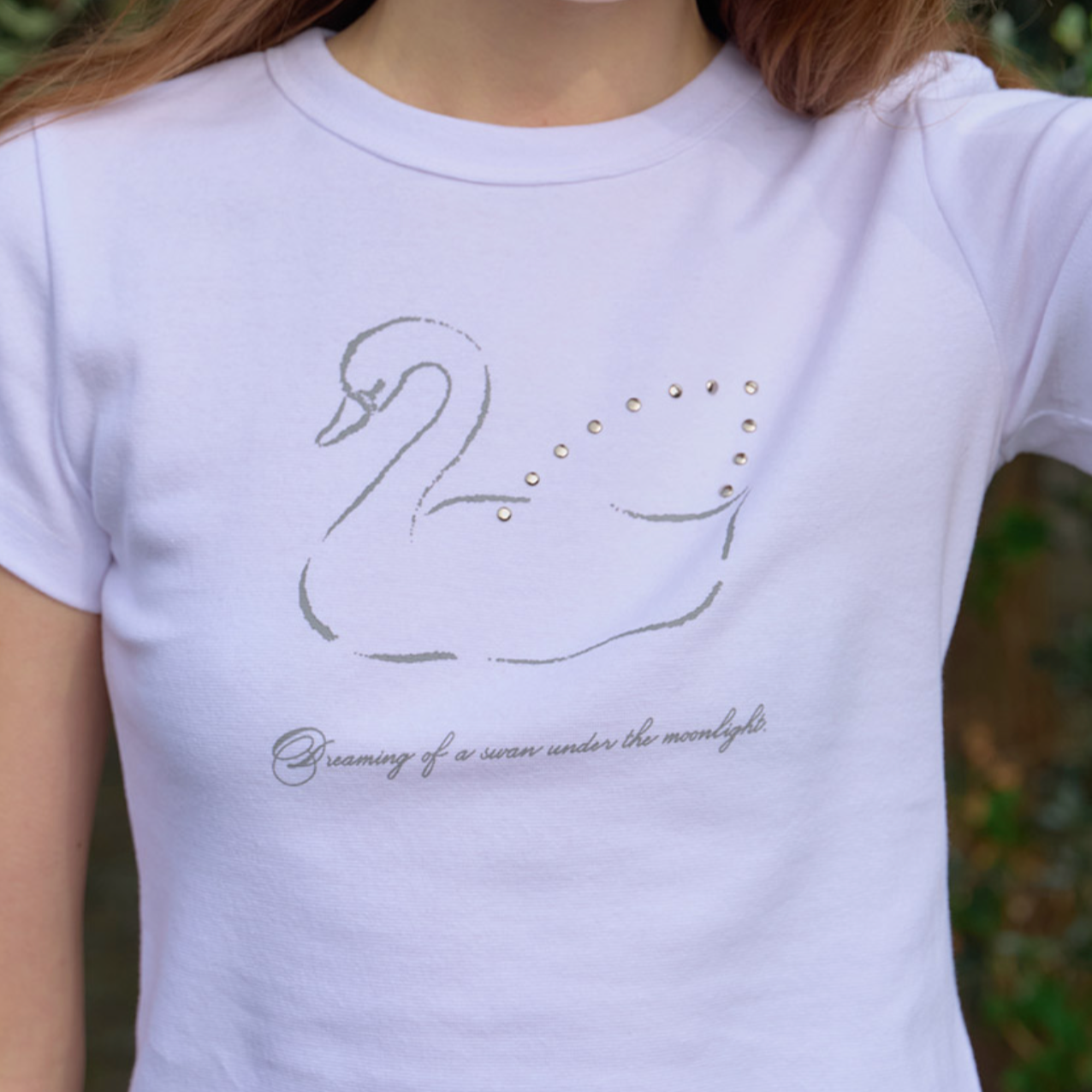｜Letter from Moon｜ Swan Studded T-Shirt (White)