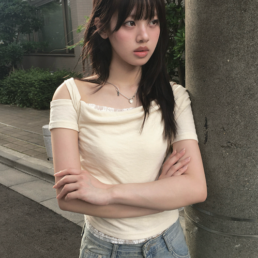 ｜anyonemore｜ Twisted Strap Shoulder Lace Short-sleeved T-shirt