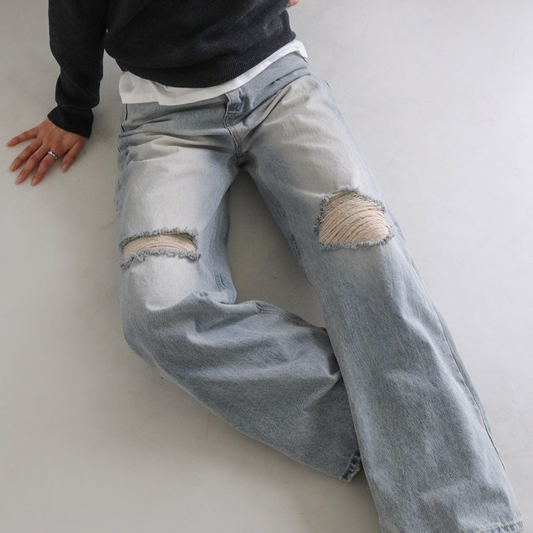 ｜SLOWAND｜ # SLOWMADE Teen Light Destroyed Denim Pants