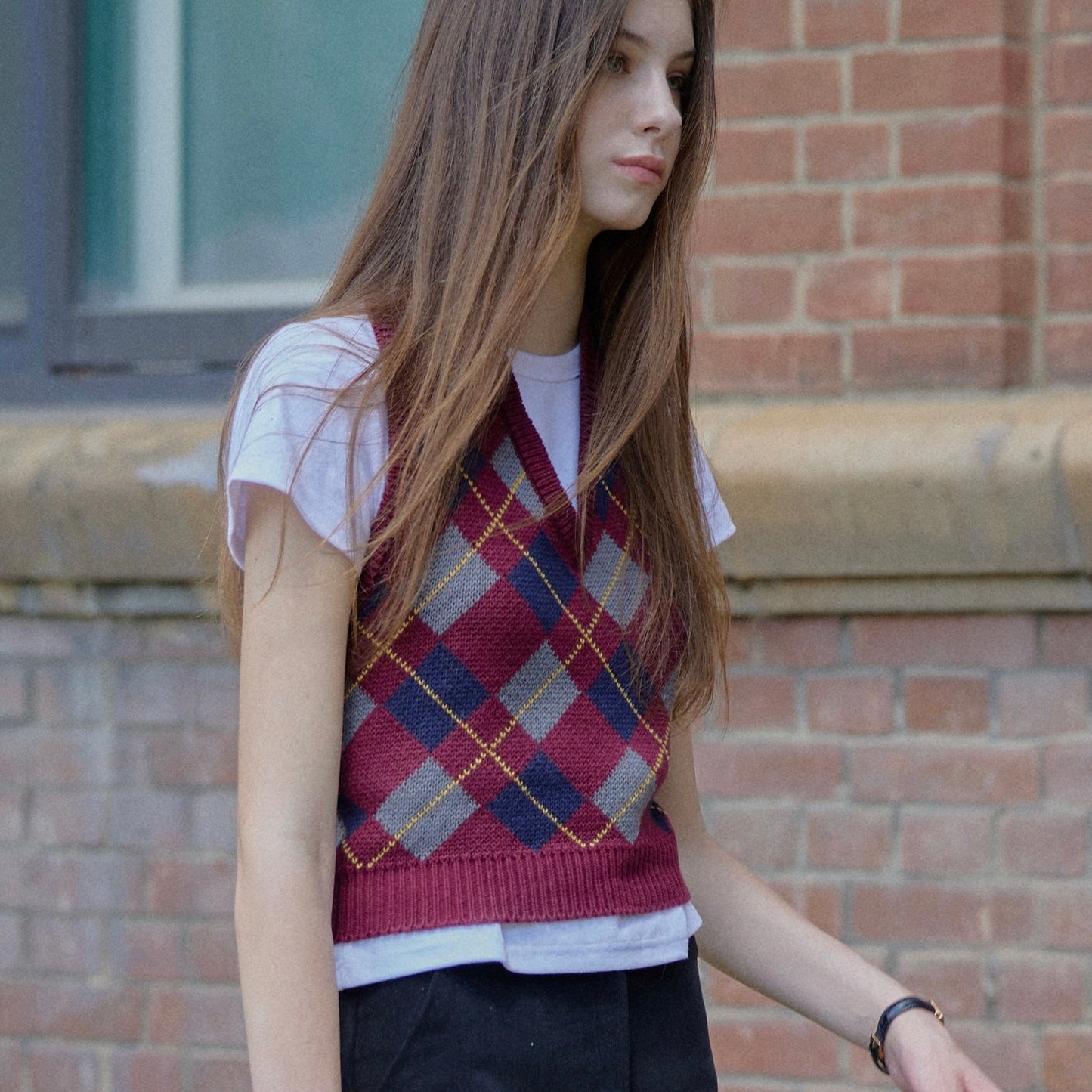 ｜Letter from Moon｜｜Holiday Edition｜ Halter-Neck Argyle Wool Vest ( Burgundy )