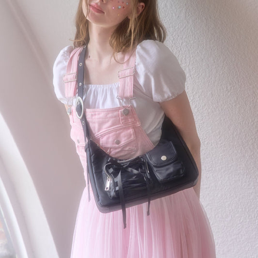 ｜COZING｜ Nylon Ribbon Hobo Bag (Black)