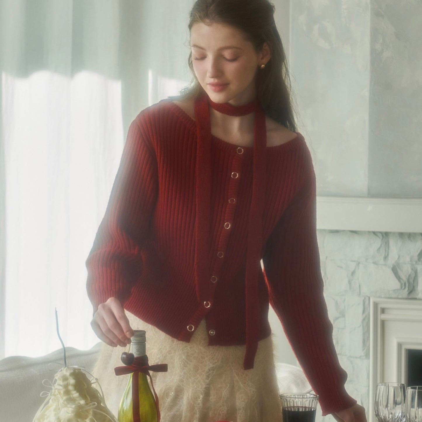 ｜Letter from Moon｜｜Holiday Edition｜ ｜Scarf Set｜ Sonnet Boat-Neck Wool Cardigan ( Red )