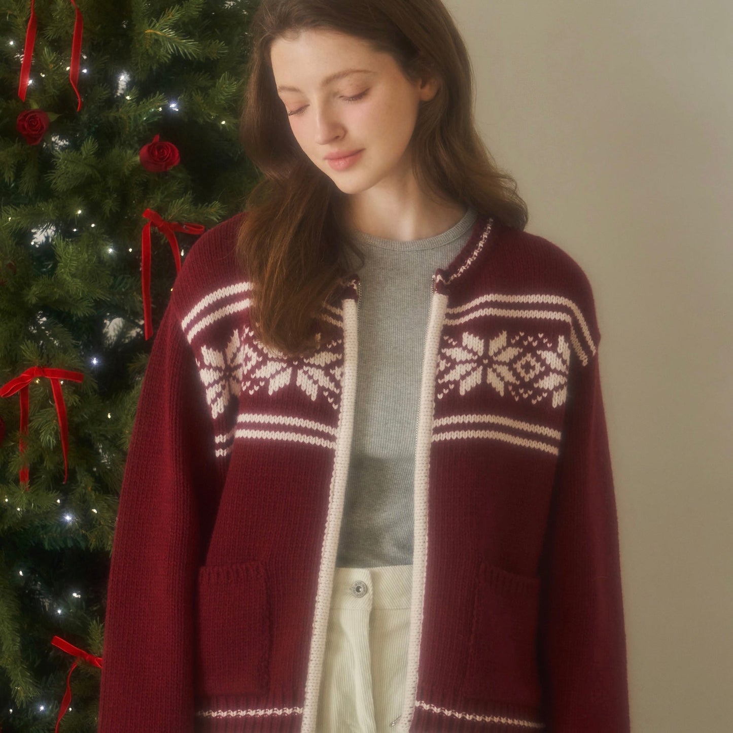 ｜Letter from Moon｜｜Holiday Edition｜ Snow Nordic Cowichan Knit Zip-Up ( Red )
