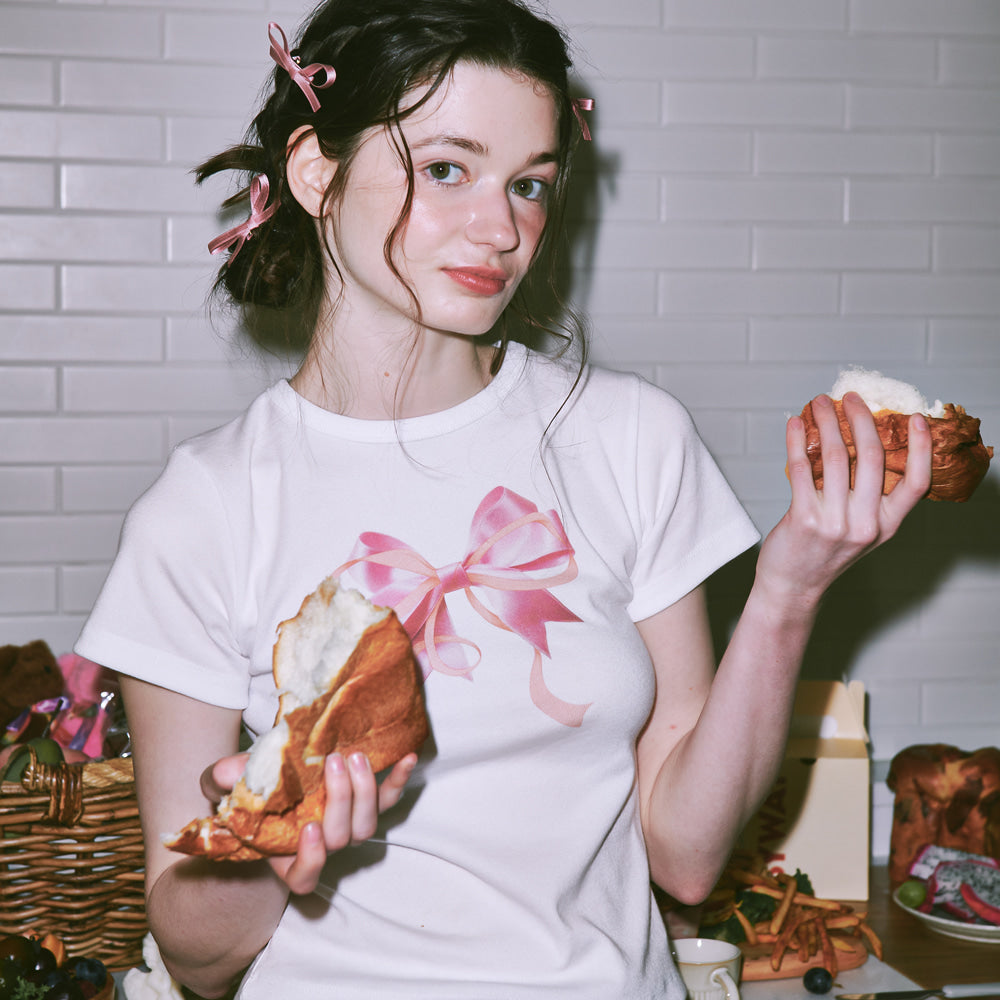 ｜RONRON｜ DOUBLE RIBBON SLIM CROP T SHIRT (White Pink)