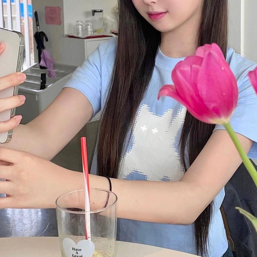 ｜aeae｜ FLASHED CATS EYE CROP T-SHIRTS ｜Skyblue｜