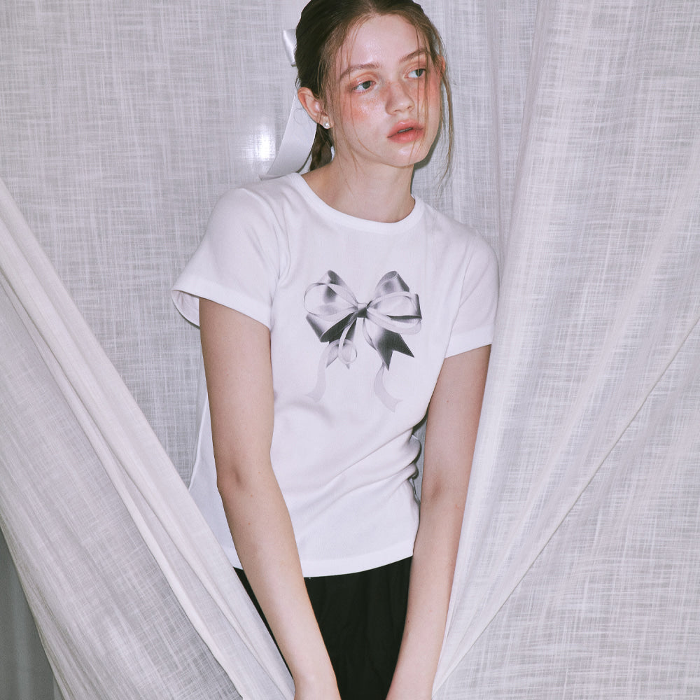 ｜RONRON｜ DOUBLE RIBBON SLIM CROP T SHIRT (White Silver)